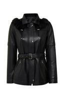 Hillary Kadın Siyah Yaka Kürklü Kapüşonlu Deri Mont | Derimod