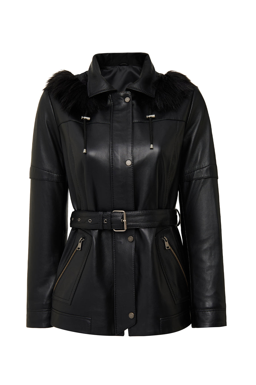 Hillary Women's Black Collar Fur Hooded Leather Coat 25WGE56051M | Derimod