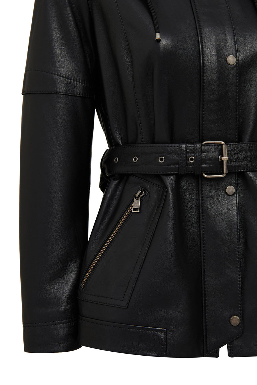Hillary Women's Black Collar Fur Hooded Leather Coat