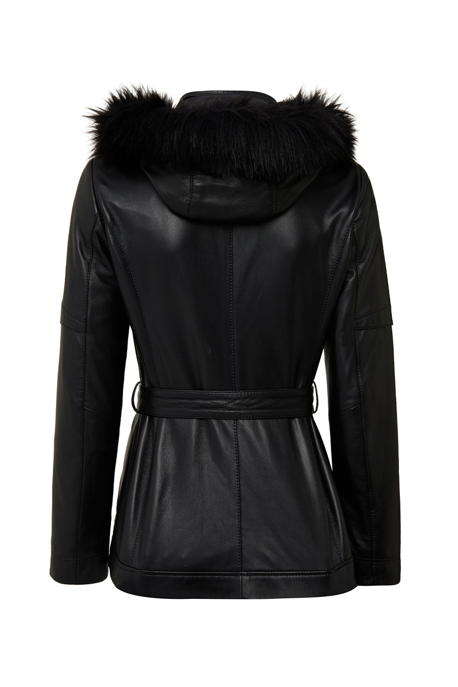 Hillary Women's Black Collar Fur Hooded Leather Coat