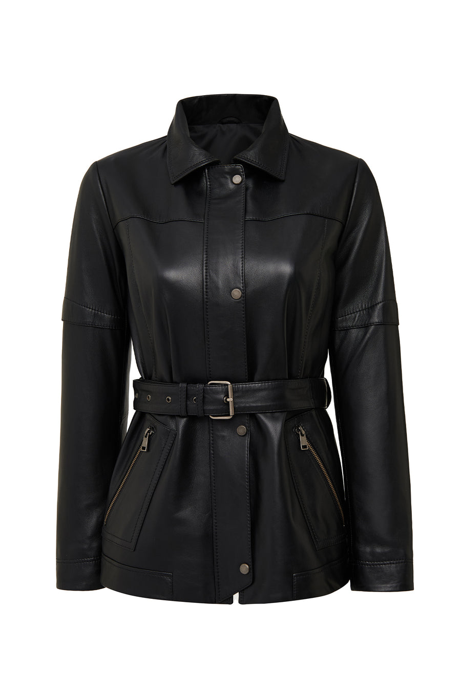 Hillary Women's Black Collar Fur Hooded Leather Coat
