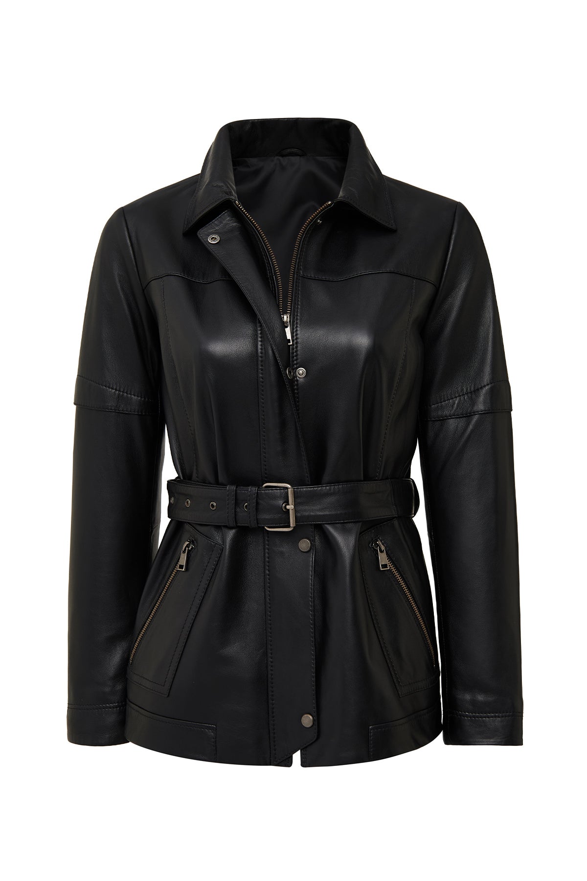 Hillary Kadın Siyah Yaka Kürklü Kapüşonlu Deri Mont