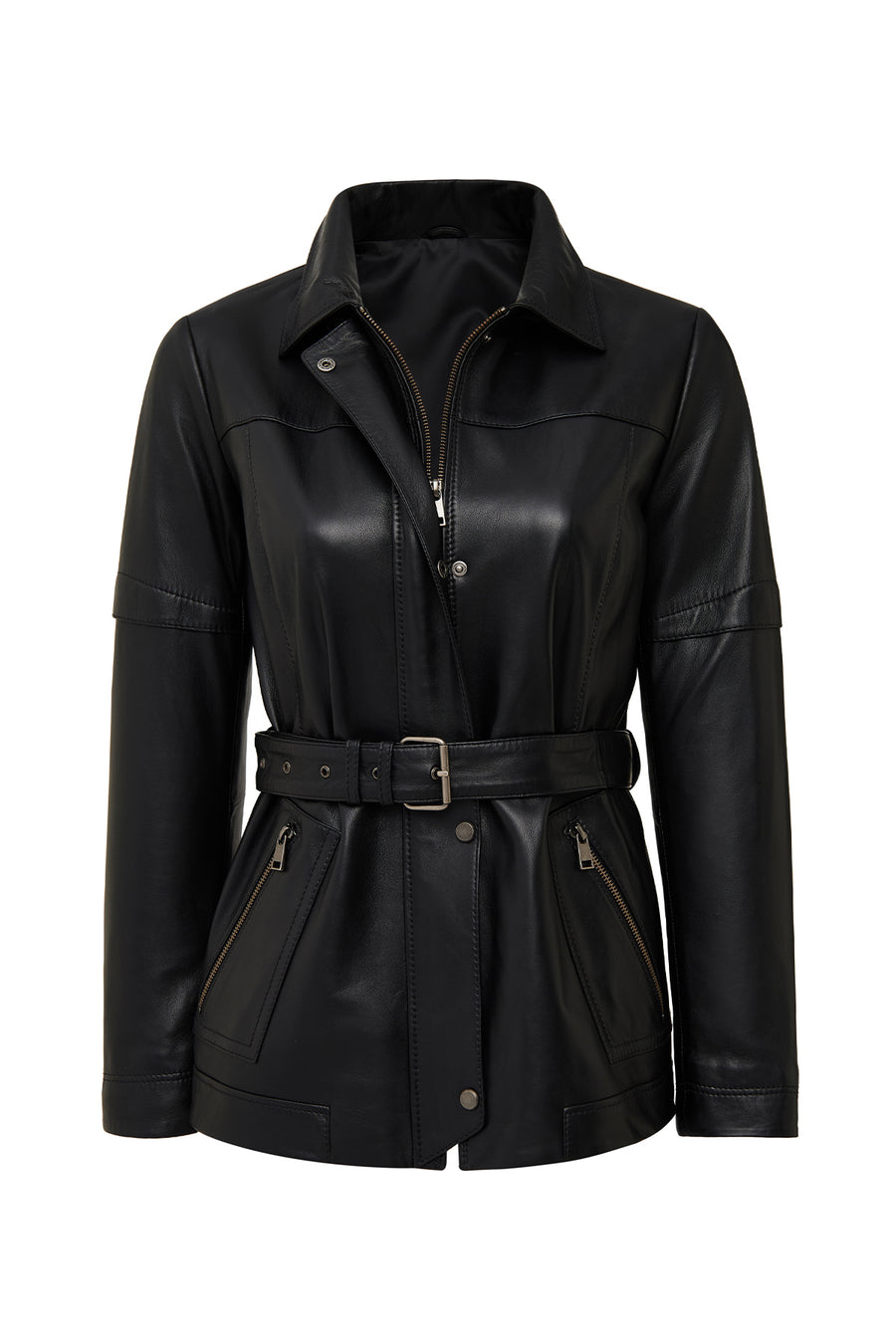 Hillary Women's Black Collar Fur Hooded Leather Coat