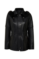 Hillary Kadın Siyah Yaka Kürklü Kapüşonlu Deri Mont | Derimod