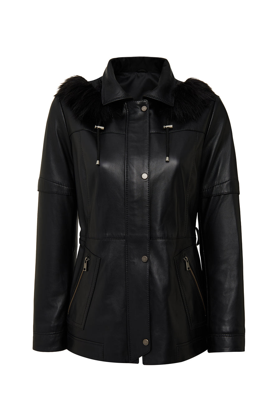 Hillary Women's Black Collar Fur Hooded Leather Coat