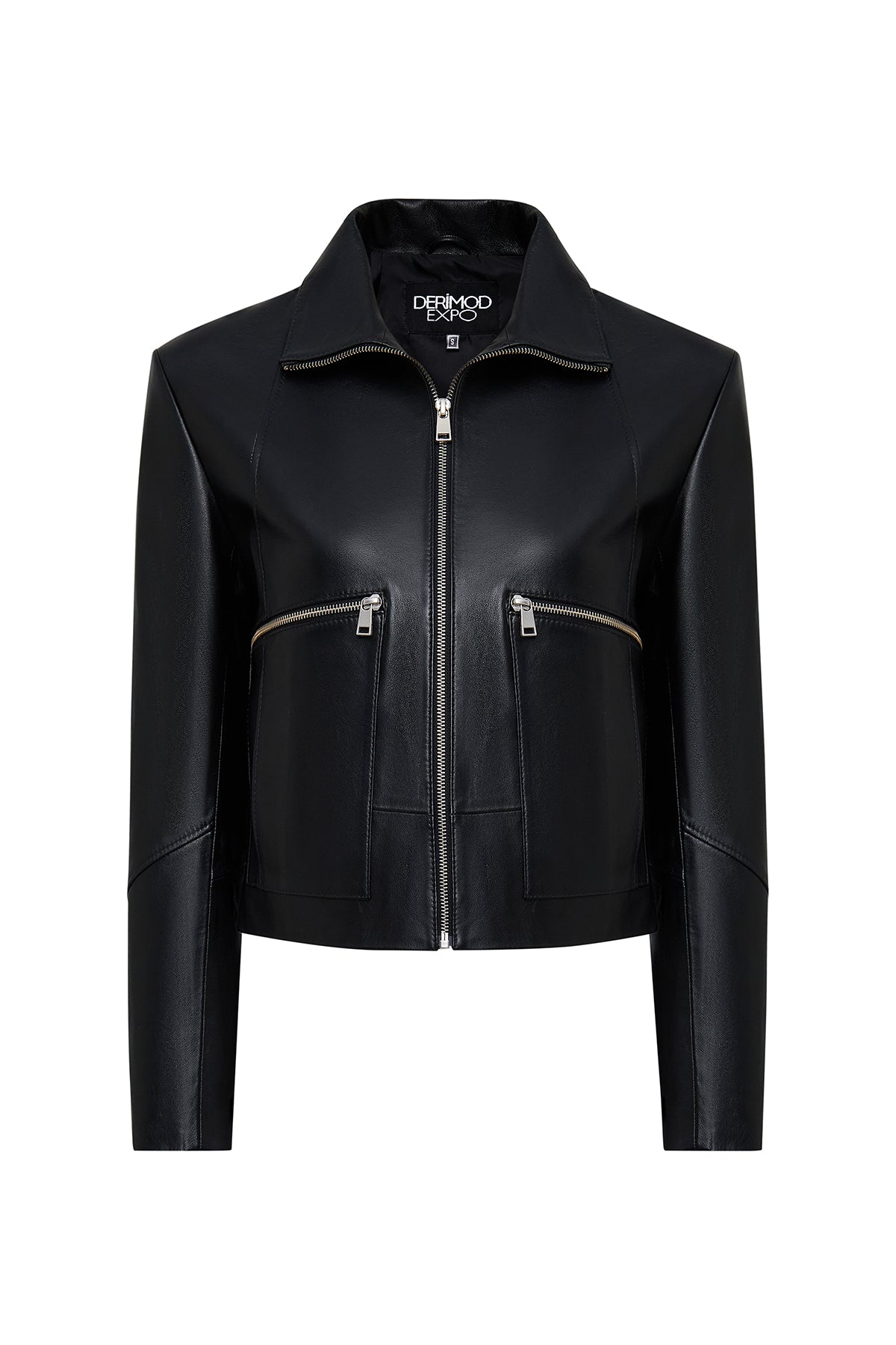 Dolores Kadın Siyah Devrik Yaka Kısa Deri Ceket