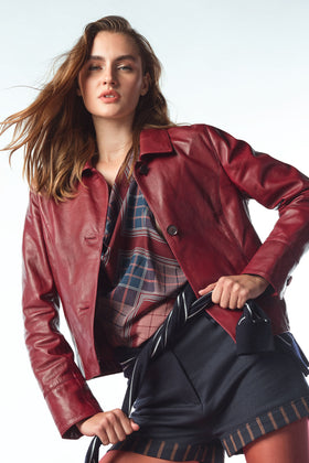 Beatrix Kadın Bordo Gömlek Yaka Kısa Deri Ceket