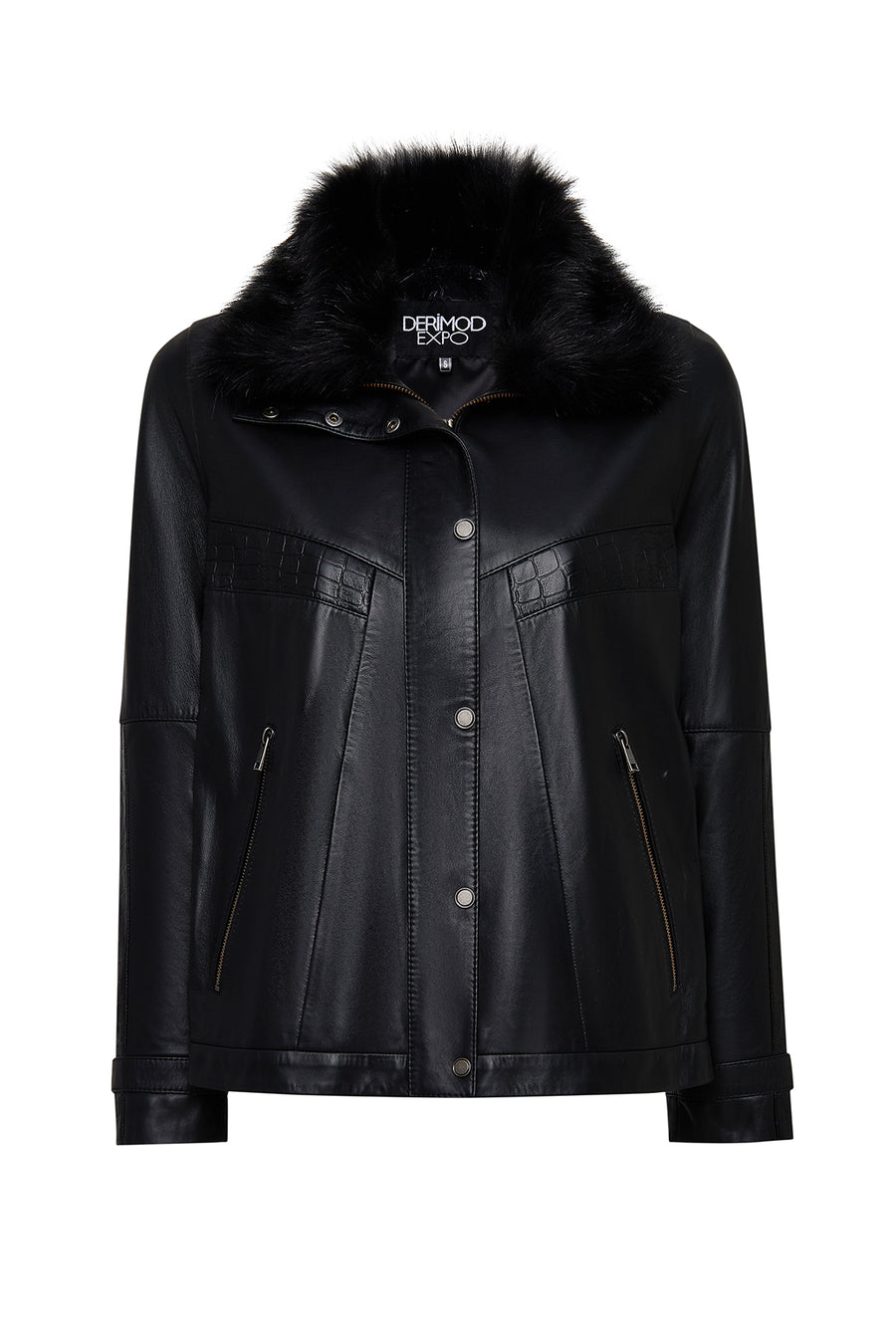 Hannah Women's Black Collar Fur Oversize Leather Coat 25WGE56141M | Derimod
