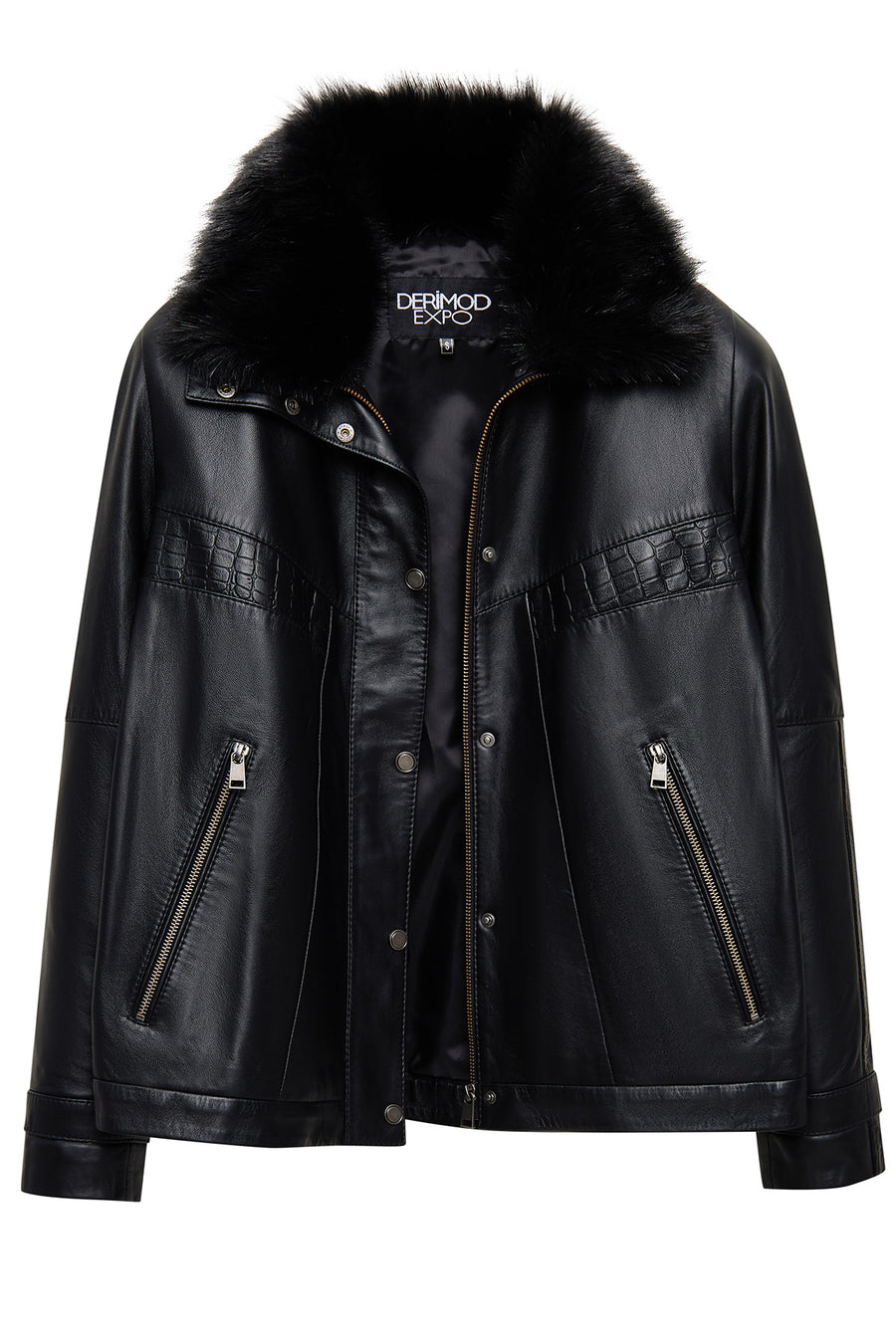 Hannah Women's Black Collar Fur Oversize Leather Coat