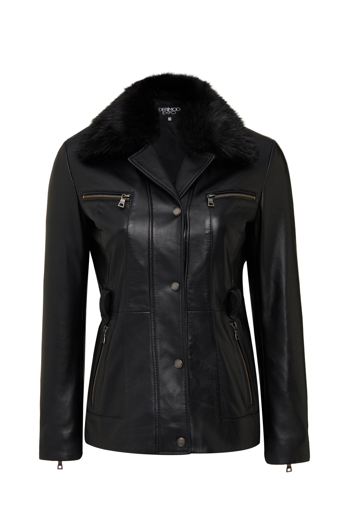 Edith Kadın Siyah Yaka Kürklü Deri Mont