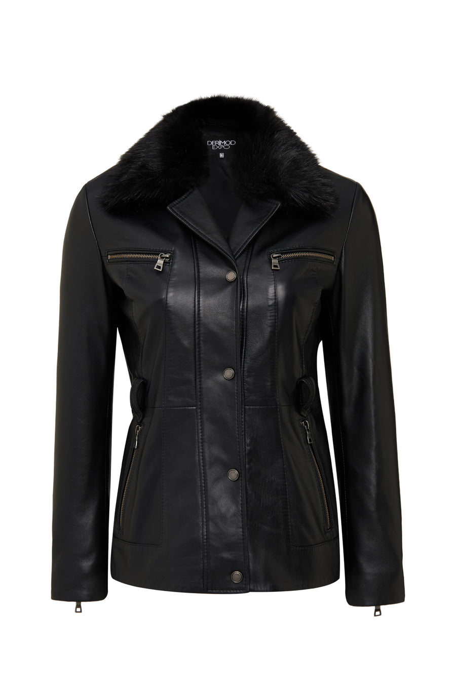 Edith Women's Black Collar Fur Leather Jacket