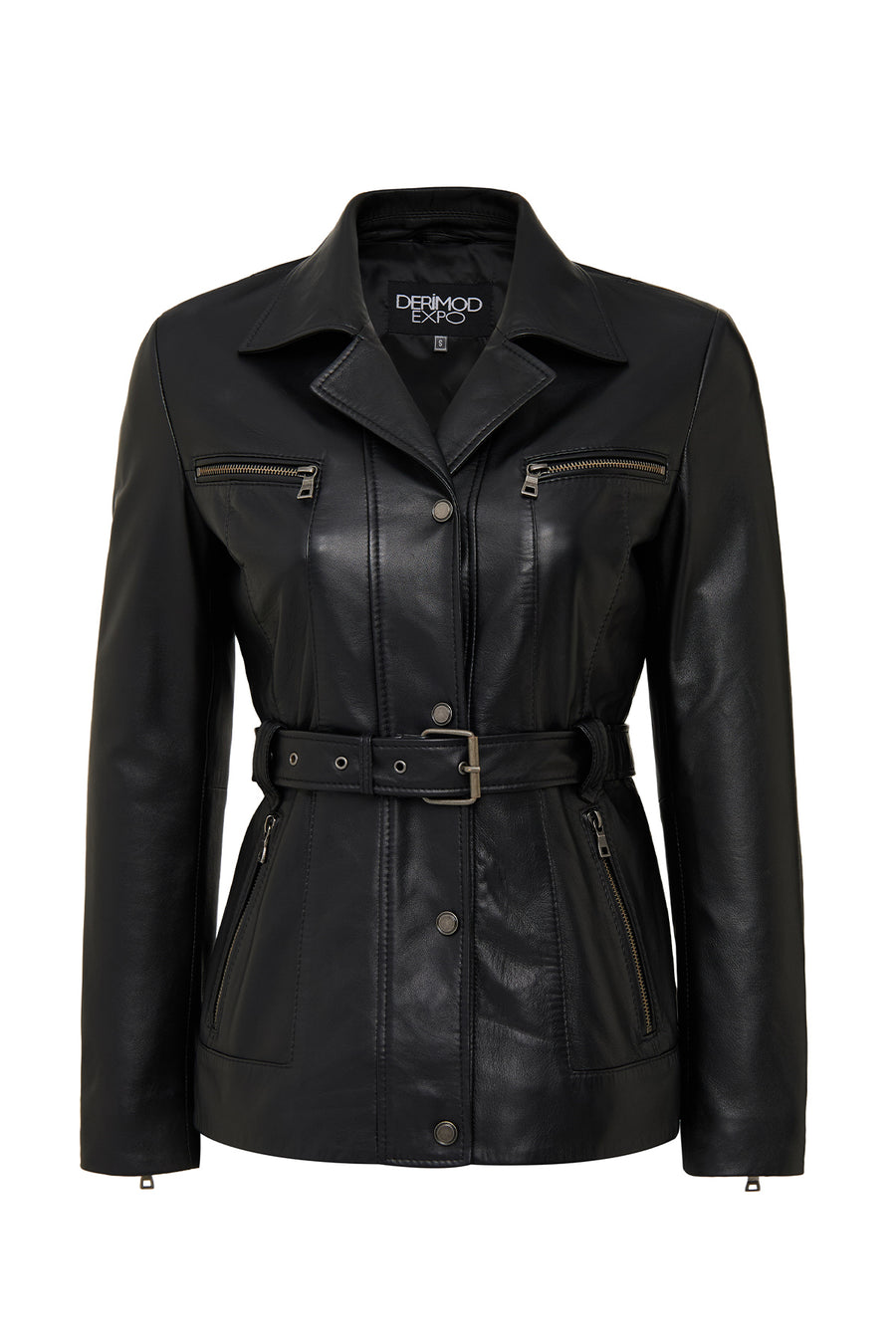 Edith Women's Black Collar Fur Leather Jacket