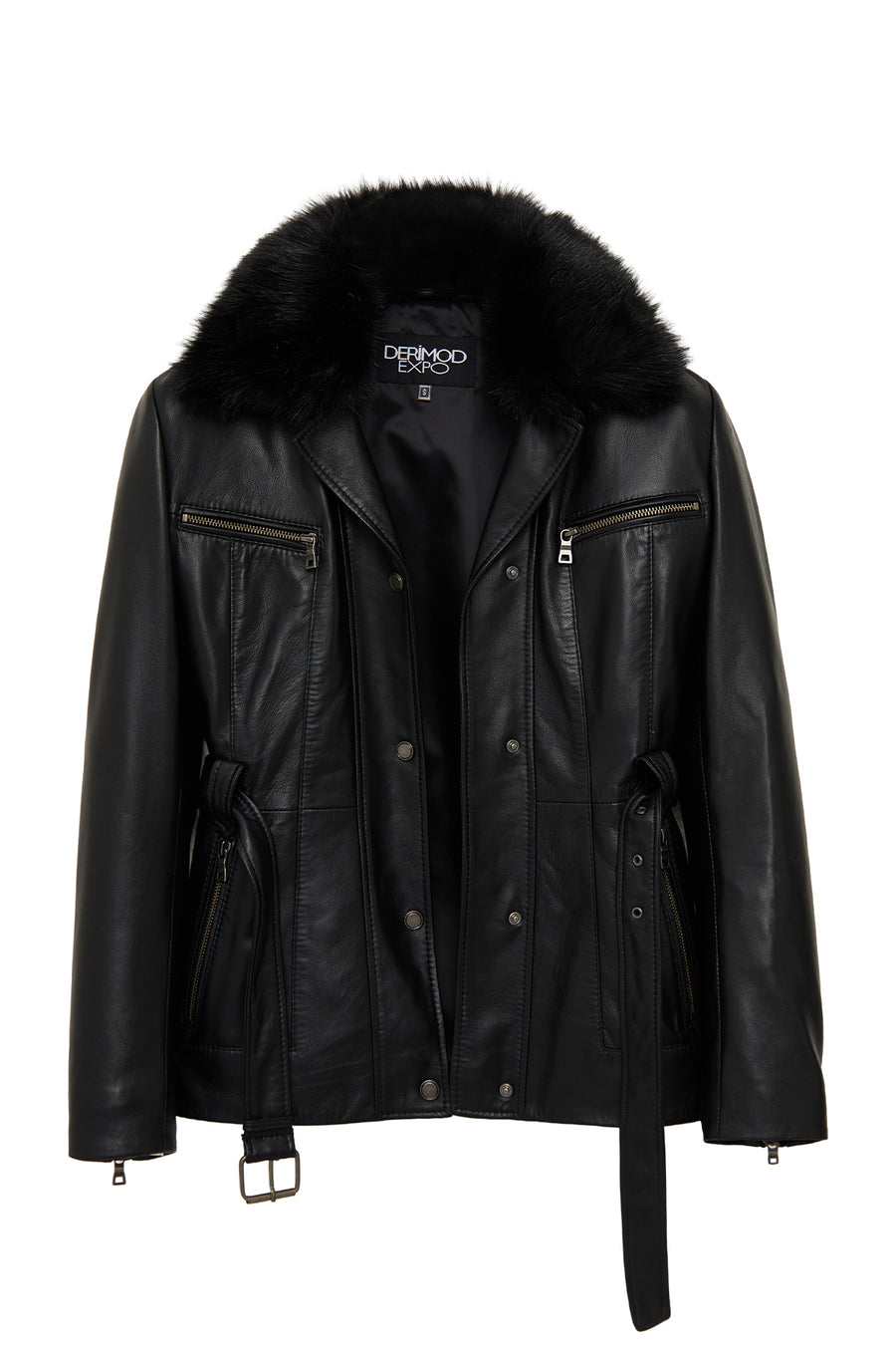 Edith Women's Black Collar Fur Leather Jacket