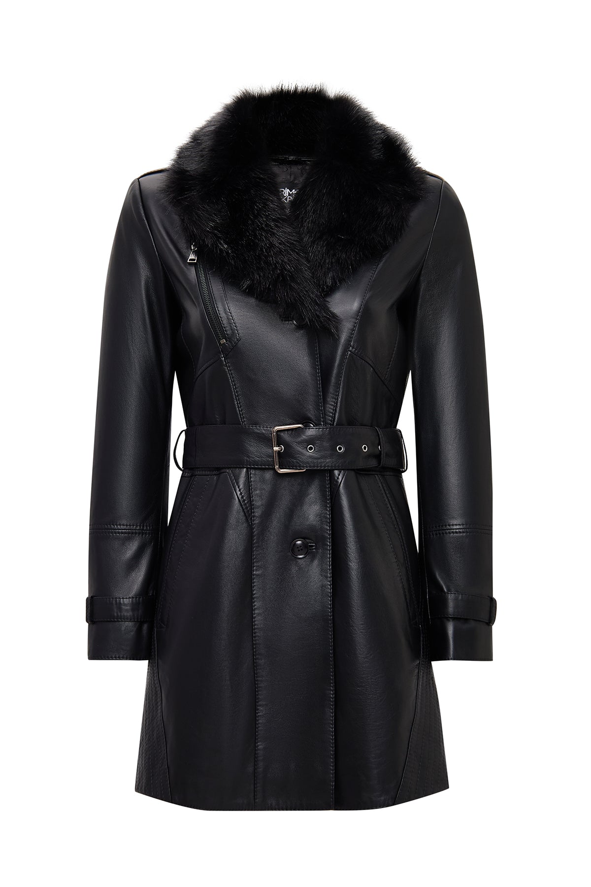 Valeria Women's Black Collar Fur Belt Detailed Leather Coat 25WGE56181M | Derimod