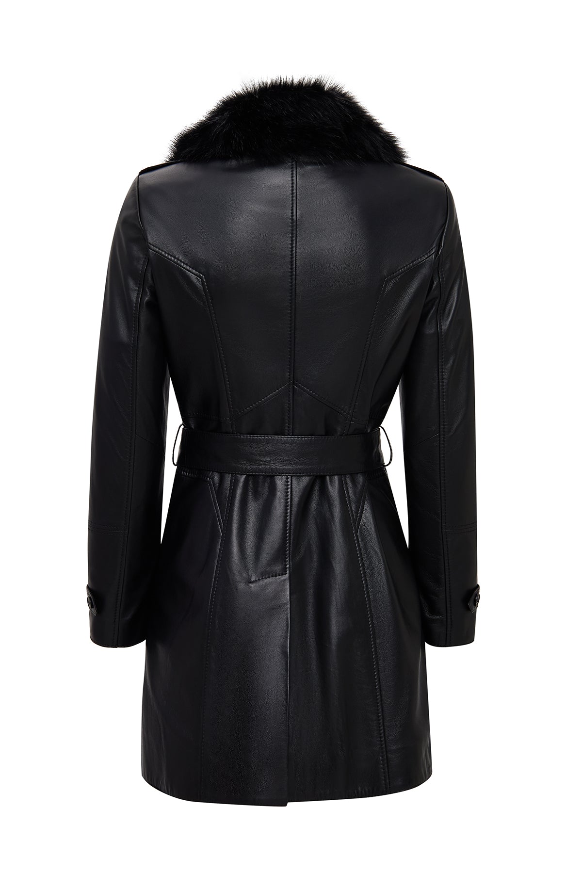 Valeria Kadın Siyah Yaka Kürklü Kemer Detaylı Deri Kaban