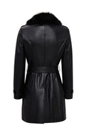 Valeria Women's Black Collar Fur Belt Detailed Leather Coat | Derimod