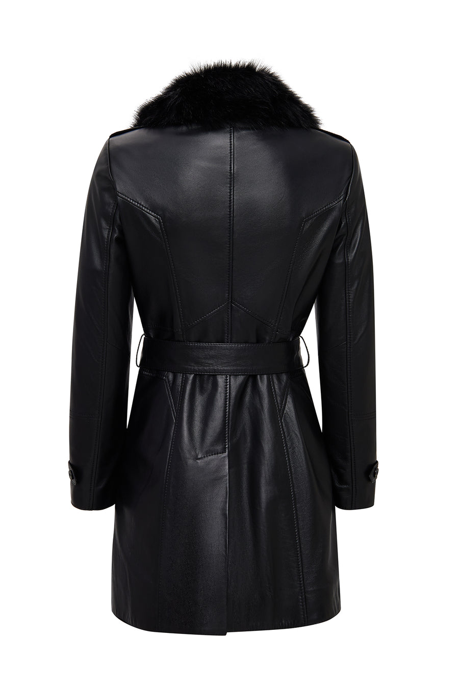 Valeria Women's Black Collar Fur Belt Detailed Leather Coat