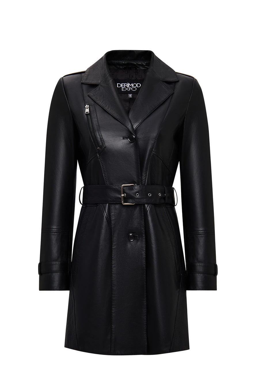 Valeria Women's Black Collar Fur Belt Detailed Leather Coat