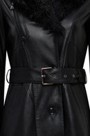 Valeria Women's Black Collar Fur Belt Detailed Leather Coat | Derimod
