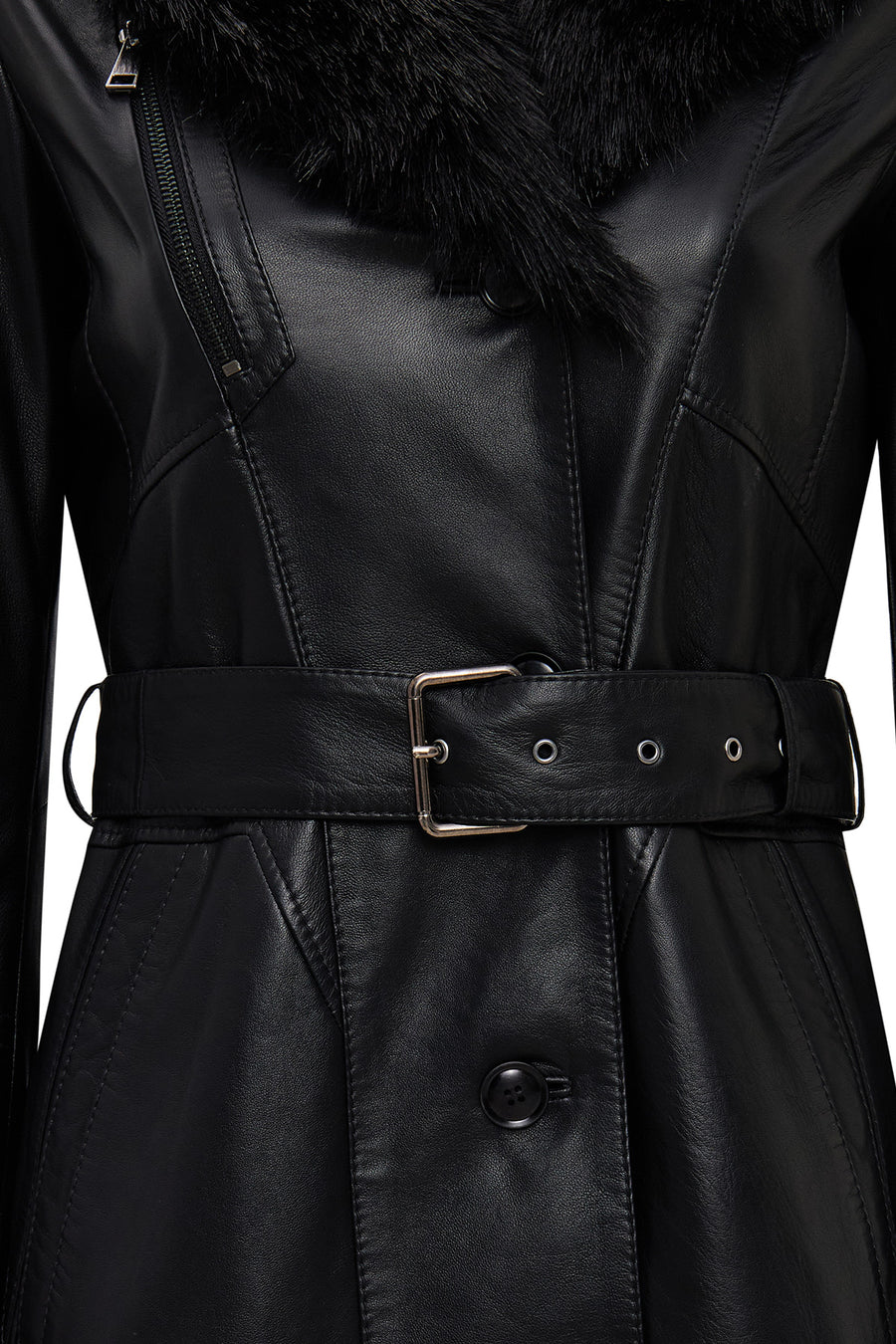 Valeria Women's Black Collar Fur Belt Detailed Leather Coat