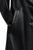Valeria Women's Black Collar Fur Belt Detailed Leather Coat | Derimod