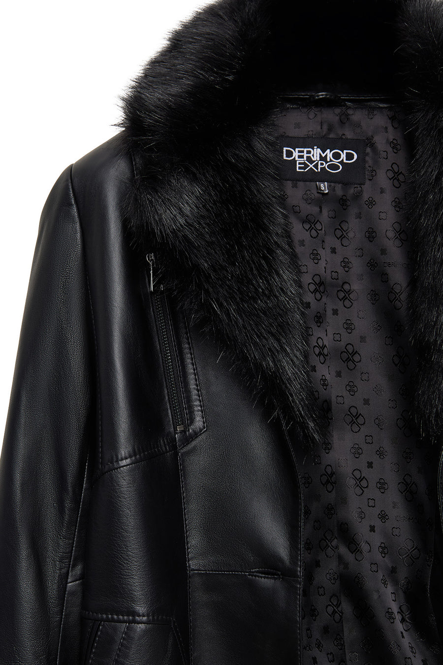 Valeria Women's Black Collar Fur Belt Detailed Leather Coat