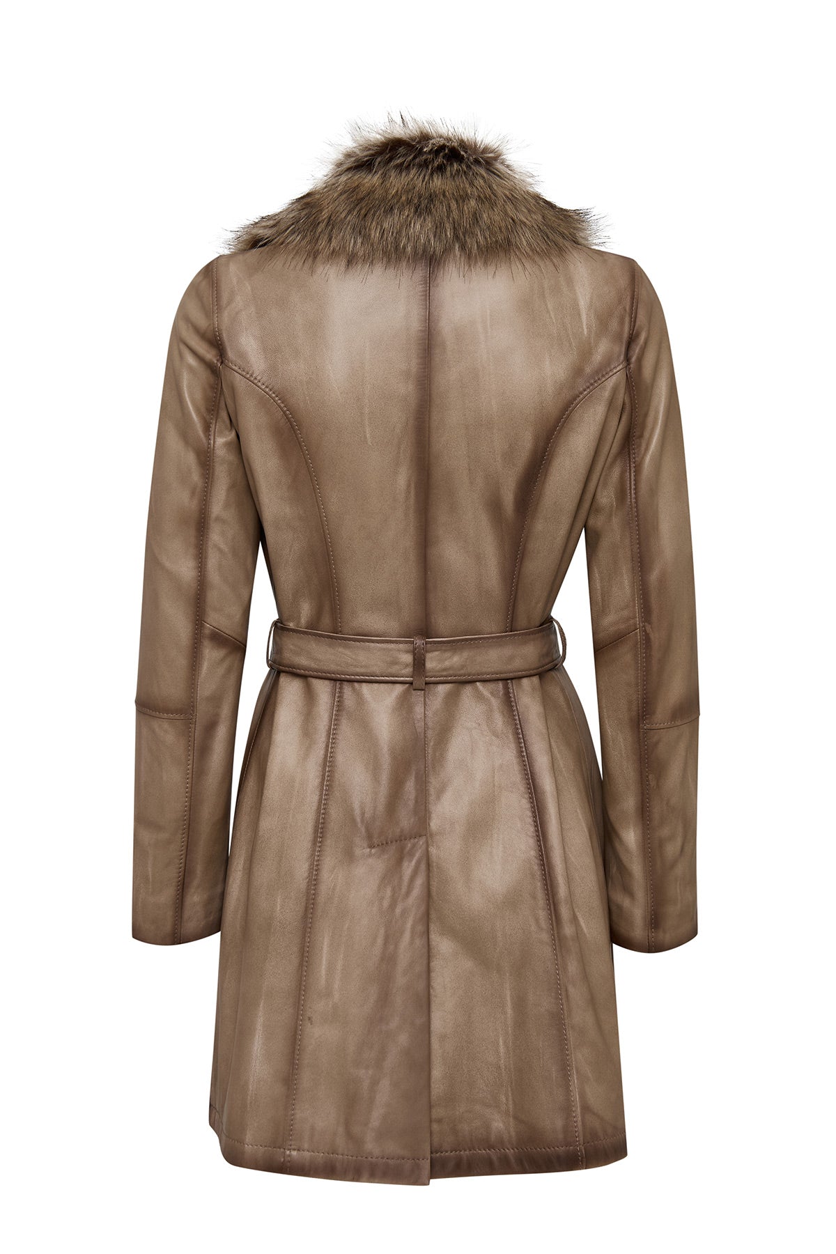 Kelly Kadın Bej Yaka Kürklü Deri Kaban