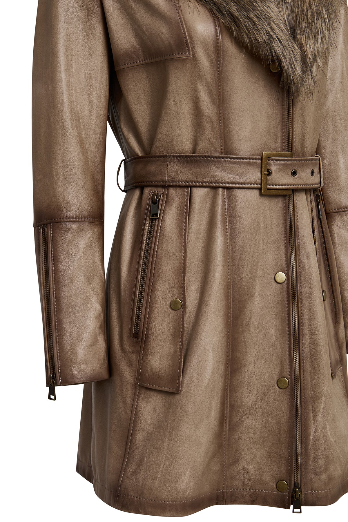 Kelly Kadın Bej Yaka Kürklü Deri Kaban