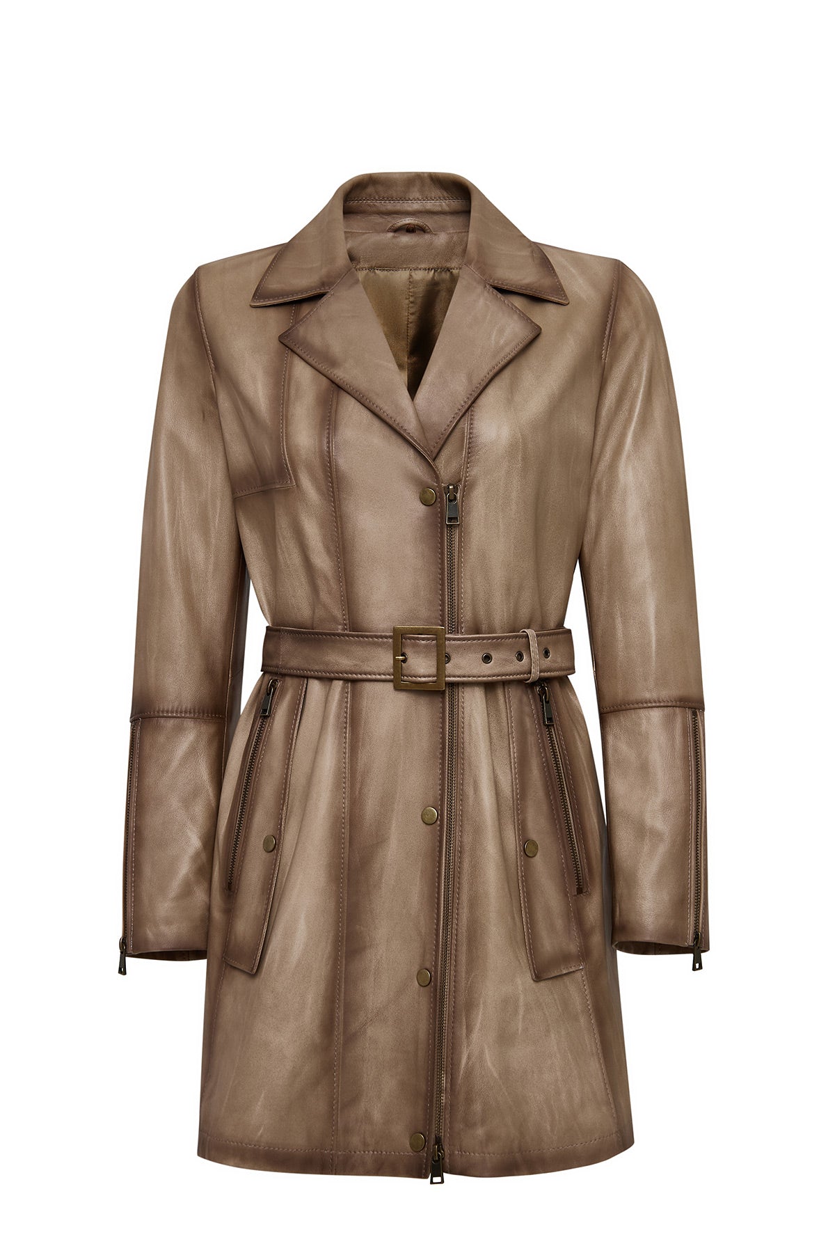 Kelly Kadın Bej Yaka Kürklü Deri Kaban