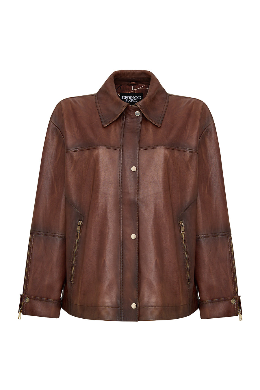 Britney Women's Brown Shirt Collar Oversize Leather Jacket 25WGE5629NC | Derimod