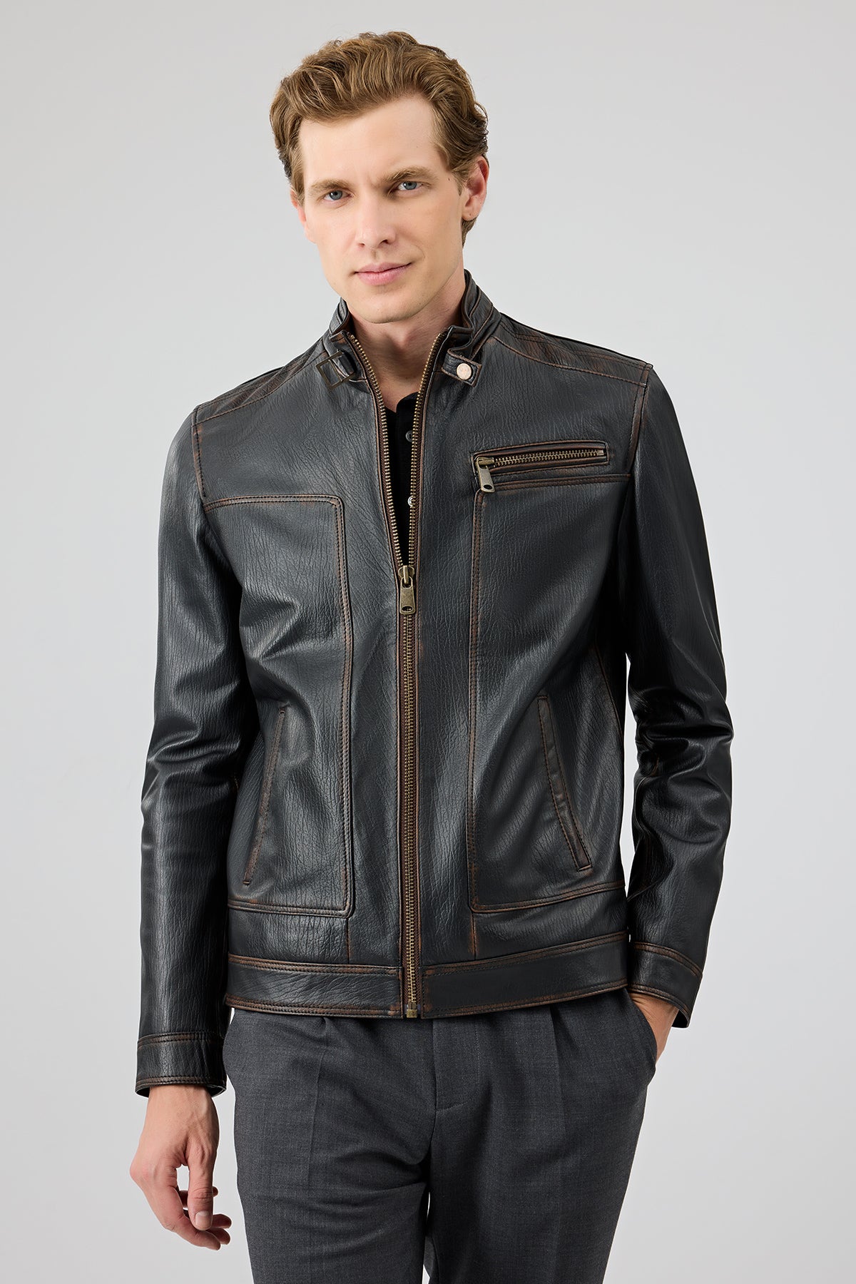 Felibe Erkek Siyah Hakim Yaka Vintage Deri Ceket