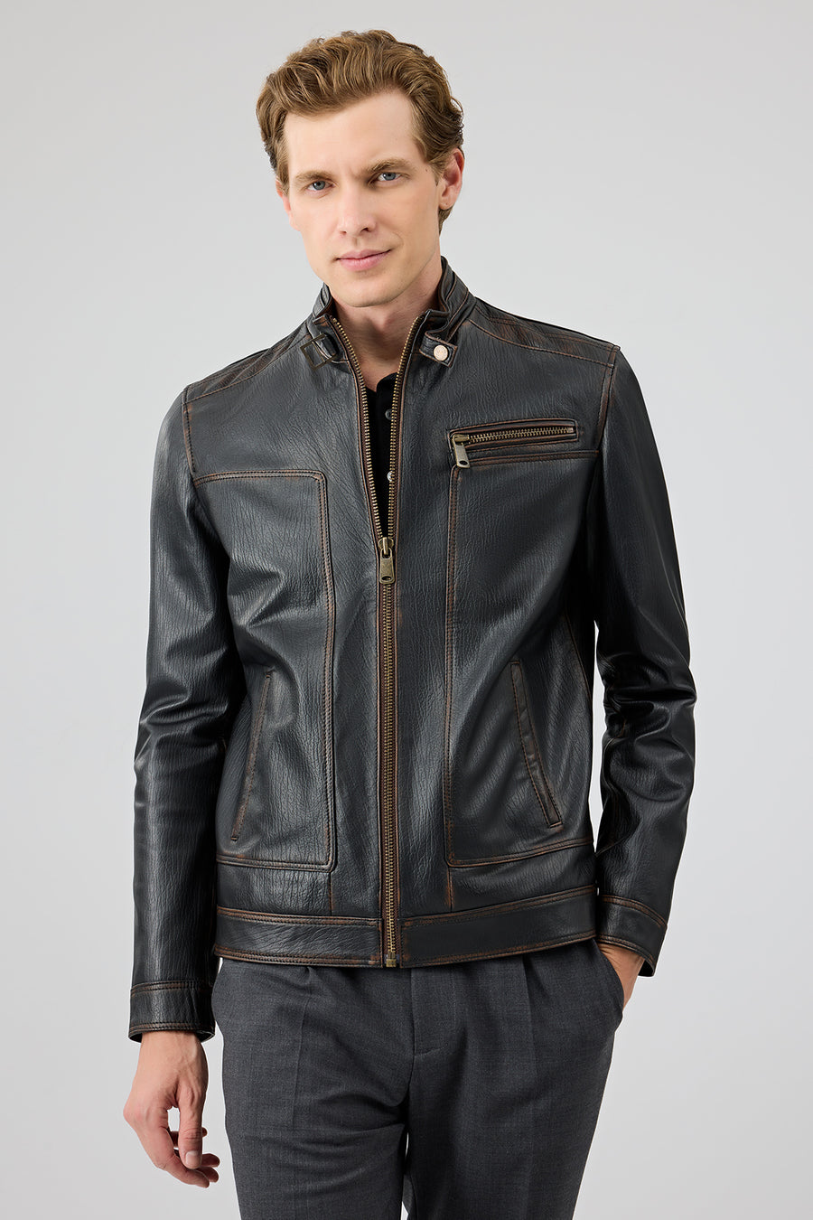 Felibe Men Black Stand Collar Vintage Leather Jacket 25WGE6432VD | Derimod