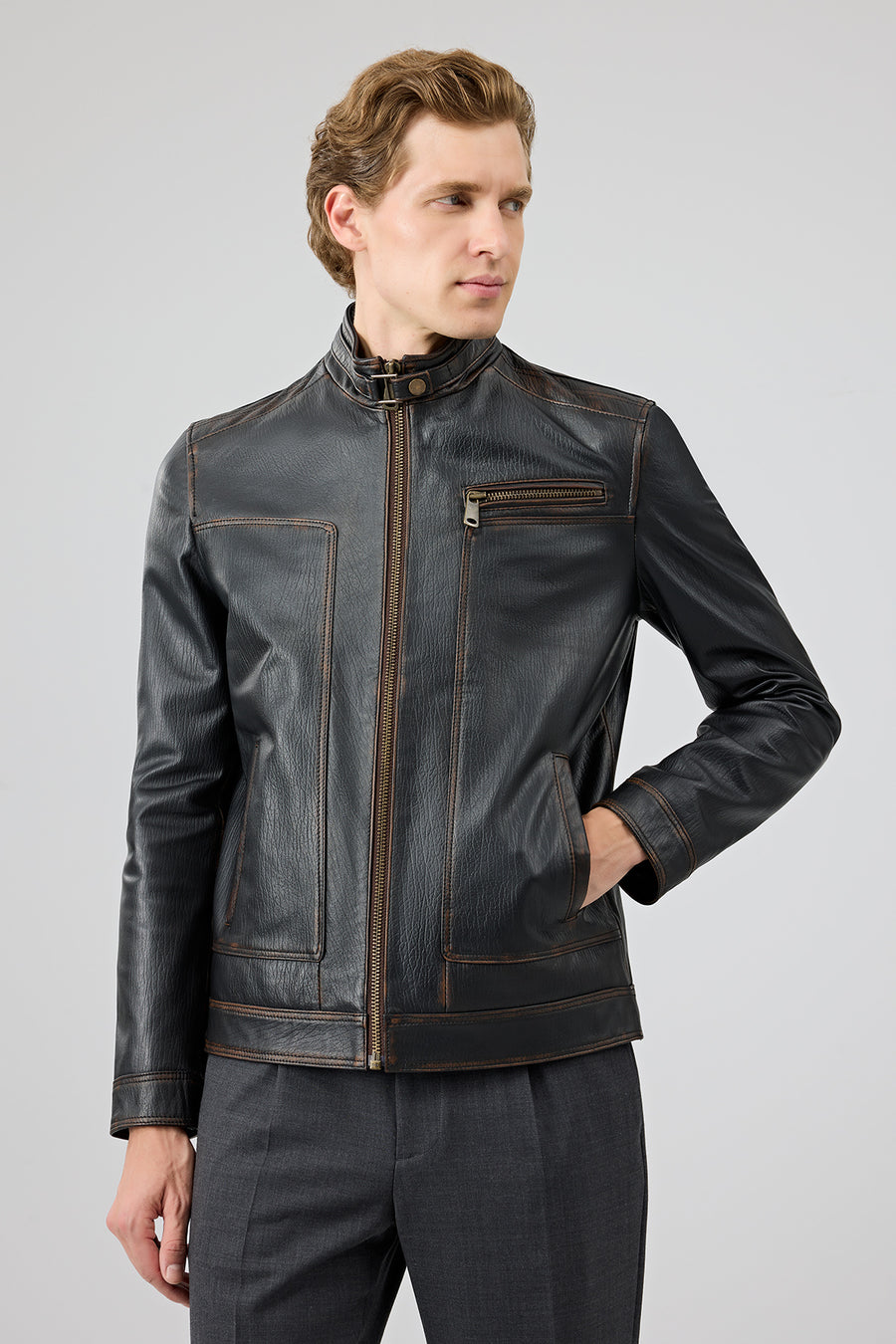 Felibe Men Black Stand Collar Vintage Leather Jacket