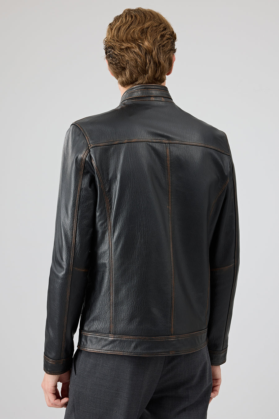 Felibe Men Black Stand Collar Vintage Leather Jacket