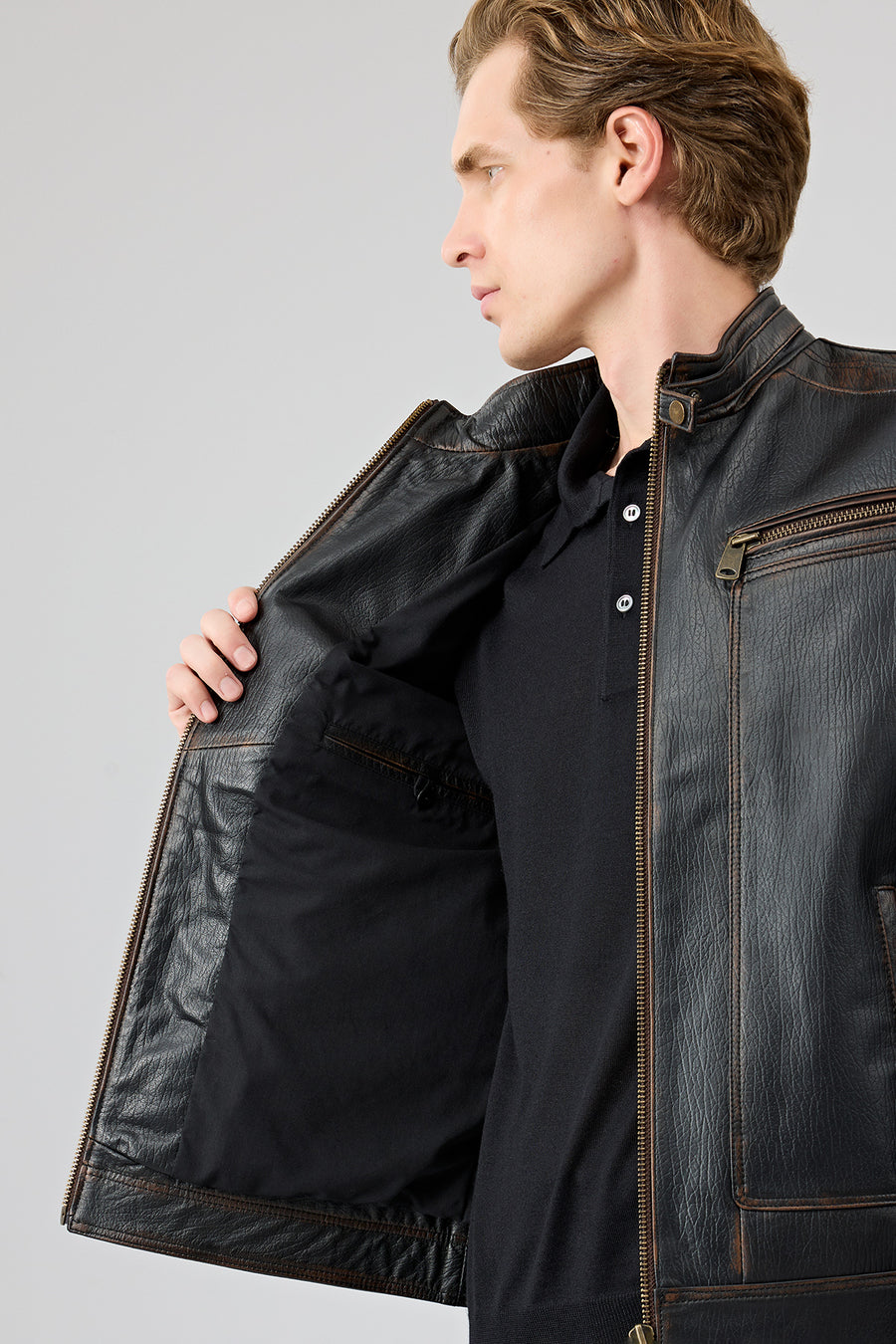 Felibe Men Black Stand Collar Vintage Leather Jacket