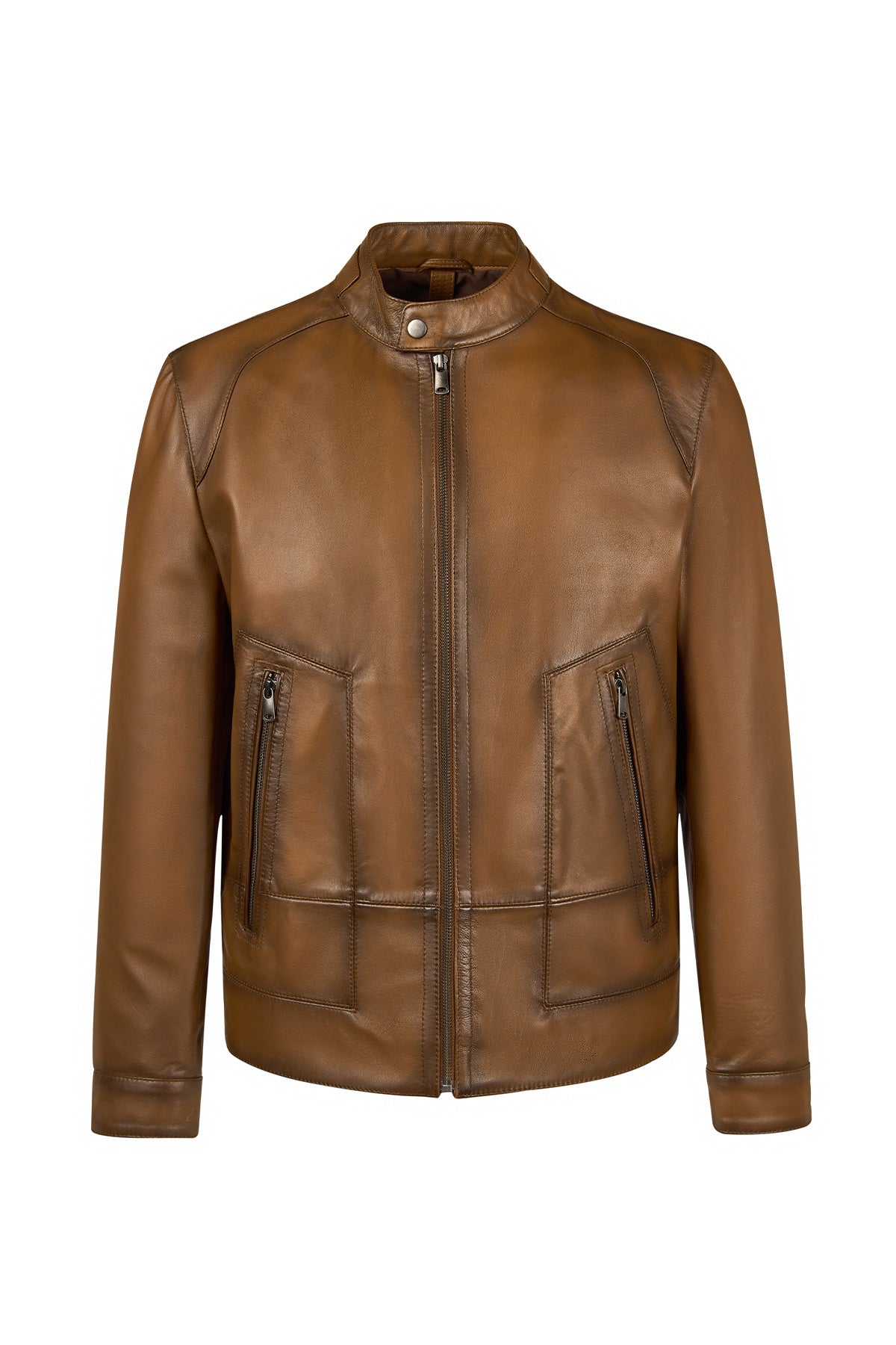 King Male Brown Stand Collar Leather Jacket 25WGE65801M | Derimod