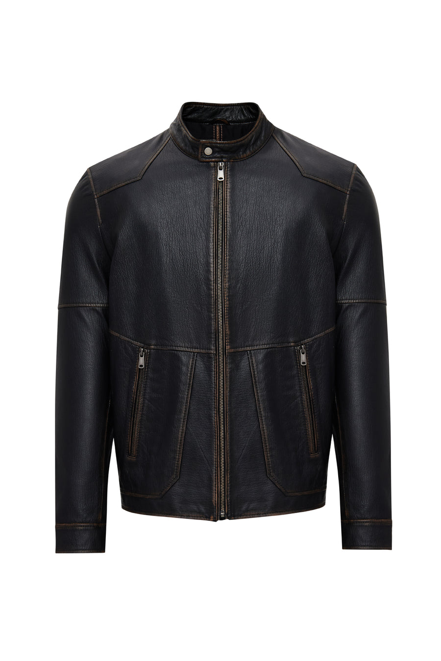 James Men's Black Stand Collar Leather Jacket 25WGE6588VD | Derimod