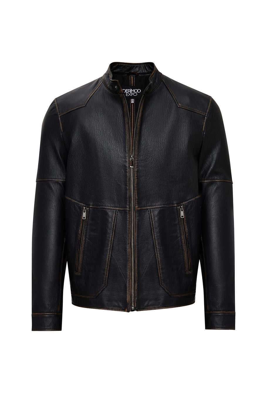 James Men's Black Stand Collar Leather Jacket