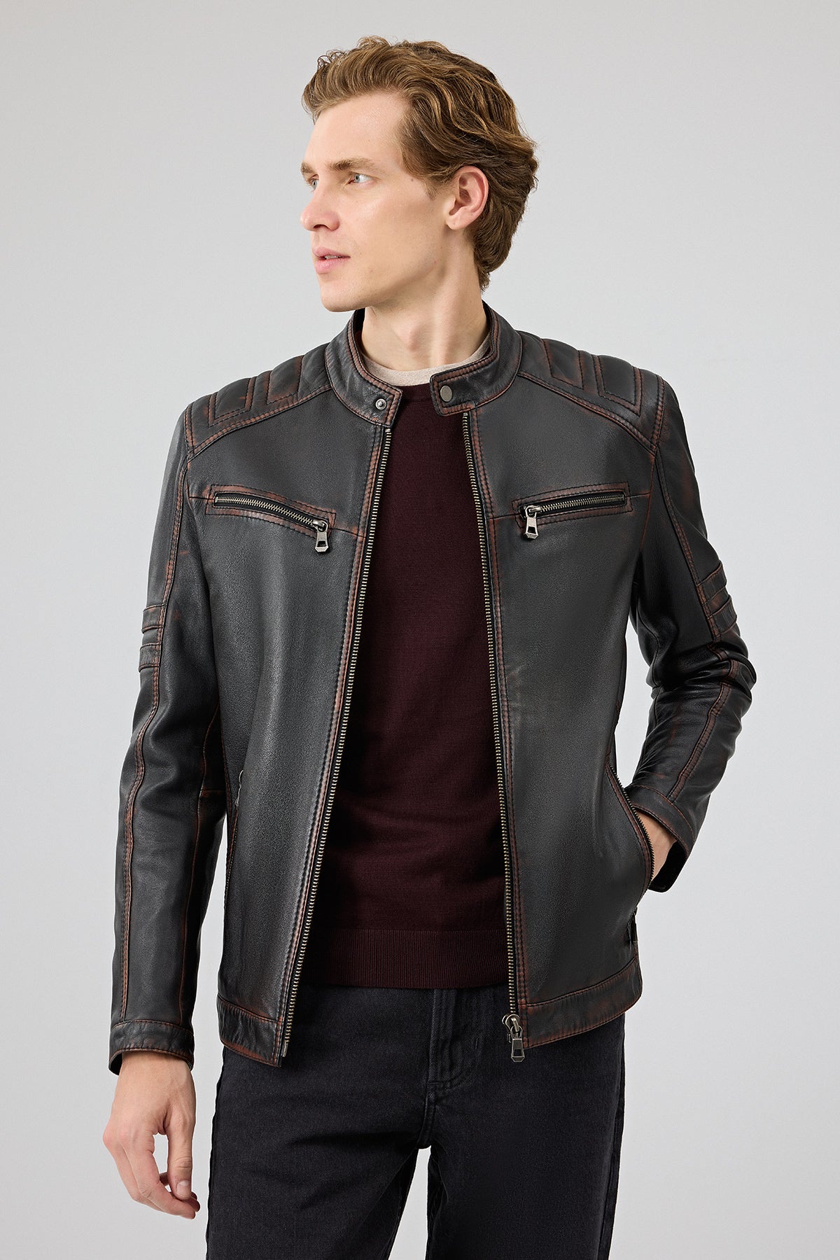 Leonard Erkek Kahverengi Vintage Slim-Fit Deri Ceket