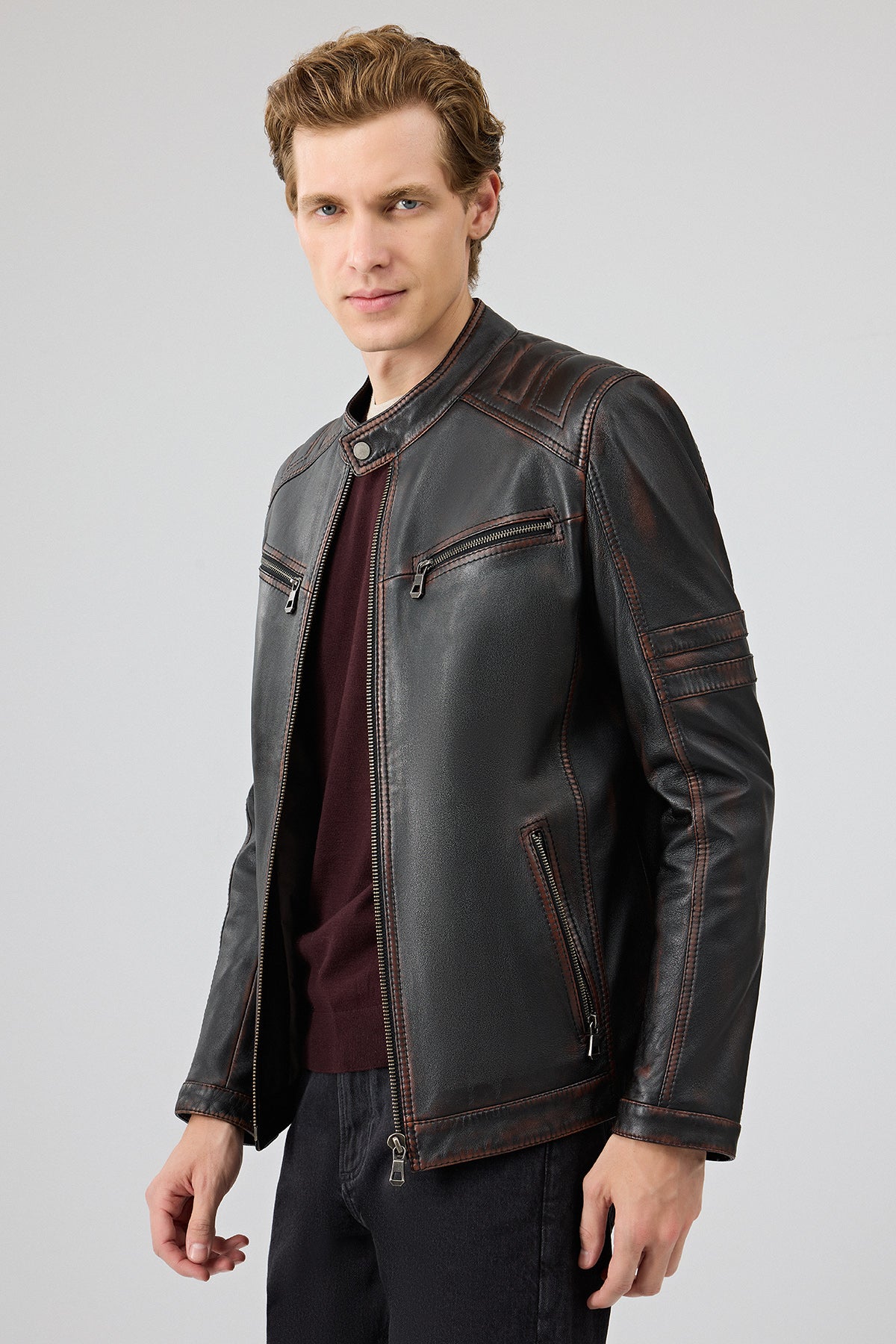 Leonard Erkek Kahverengi Vintage Slim-Fit Deri Ceket