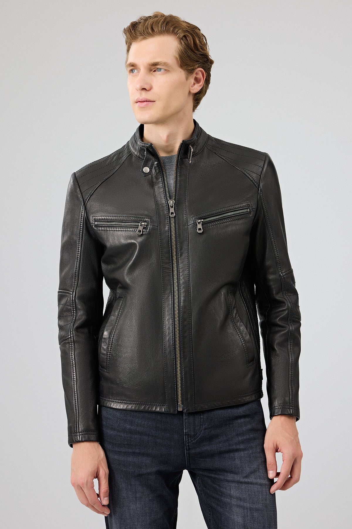 Jefferson Erkek Siyah Hakim Yaka Slim-Fit Deri Ceket