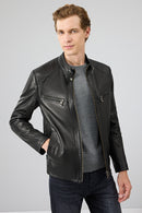 Jefferson Men's Black Stand Collar Slim-Fit Leather Jacket | Derimod