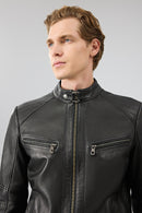Jefferson Men's Black Stand Collar Slim-Fit Leather Jacket | Derimod