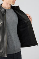 Jefferson Men's Black Stand Collar Slim-Fit Leather Jacket | Derimod