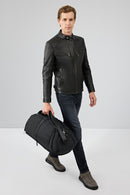 Jefferson Men's Black Stand Collar Slim-Fit Leather Jacket | Derimod