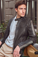 Barry Men's Gray Stand Collar Slim-Fit Leather Jacket | Derimod