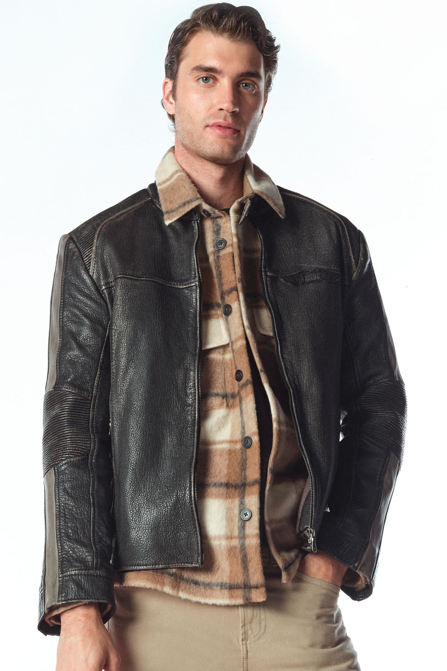Barry Men's Gray Stand Collar Slim-Fit Leather Jacket