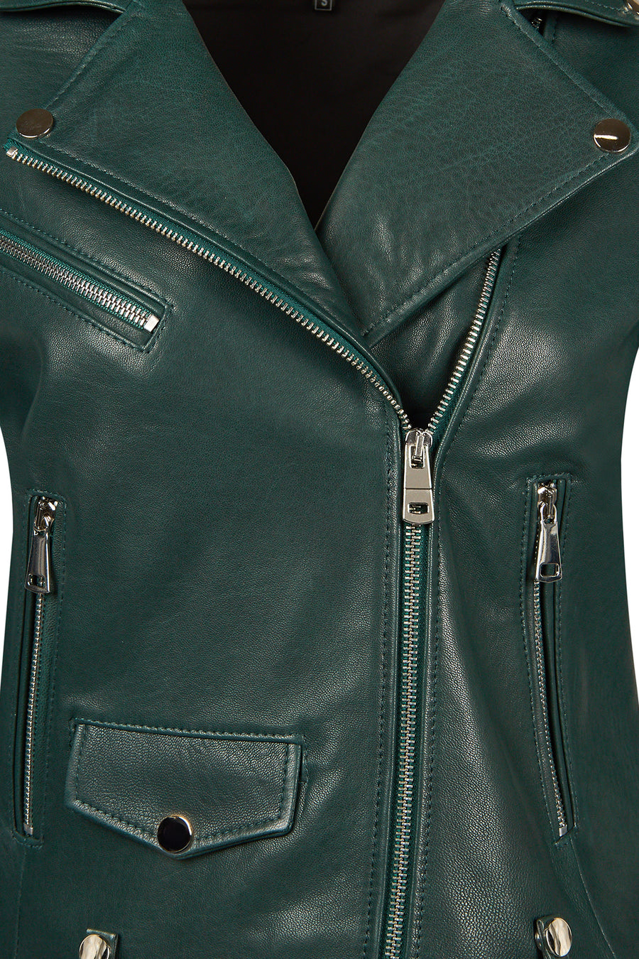 Egoist Woman Green Short Biker Leather Jacket