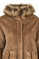 Virginia Kadın Kahverengi Kapüşonlu Uzun Teddy Kaban | Derimod