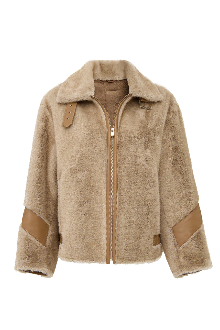 Meribel Women's Beige Wide Collar Teddy Leather Jacket